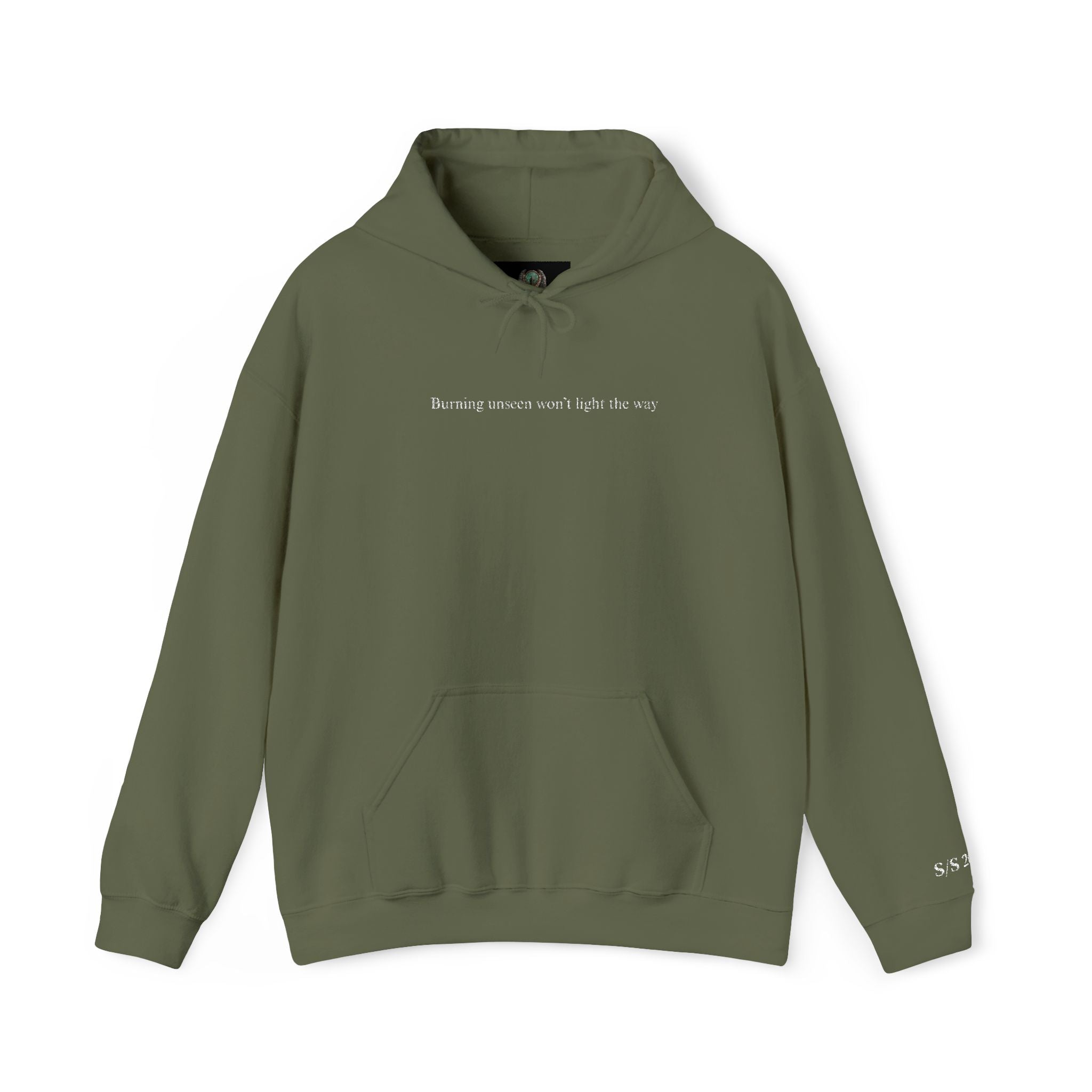Embroidered "Burning unseen won't light the way" hoodie